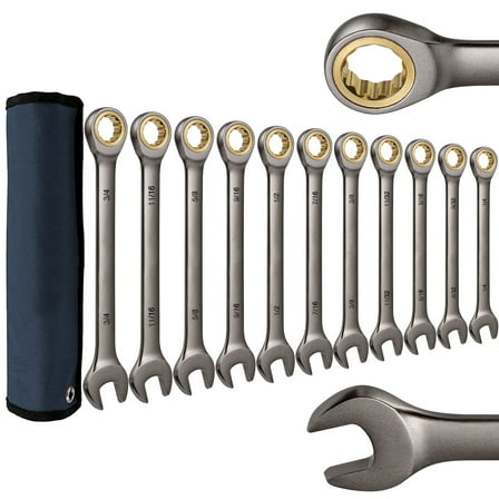 11Pcs Ratcheting Wrench Set , SAE 1/4“-3/4”, Combination Wrench Set in Cr-V Steel with Wrench Storage Pouch