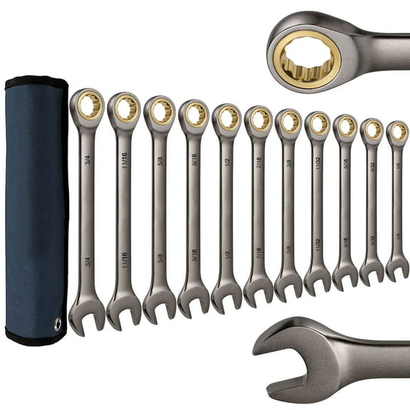 11Pcs Ratcheting Wrench Set , SAE 1/4“-3/4”, Combination Wrench Set in Cr-V Steel with Wrench Storage Pouch