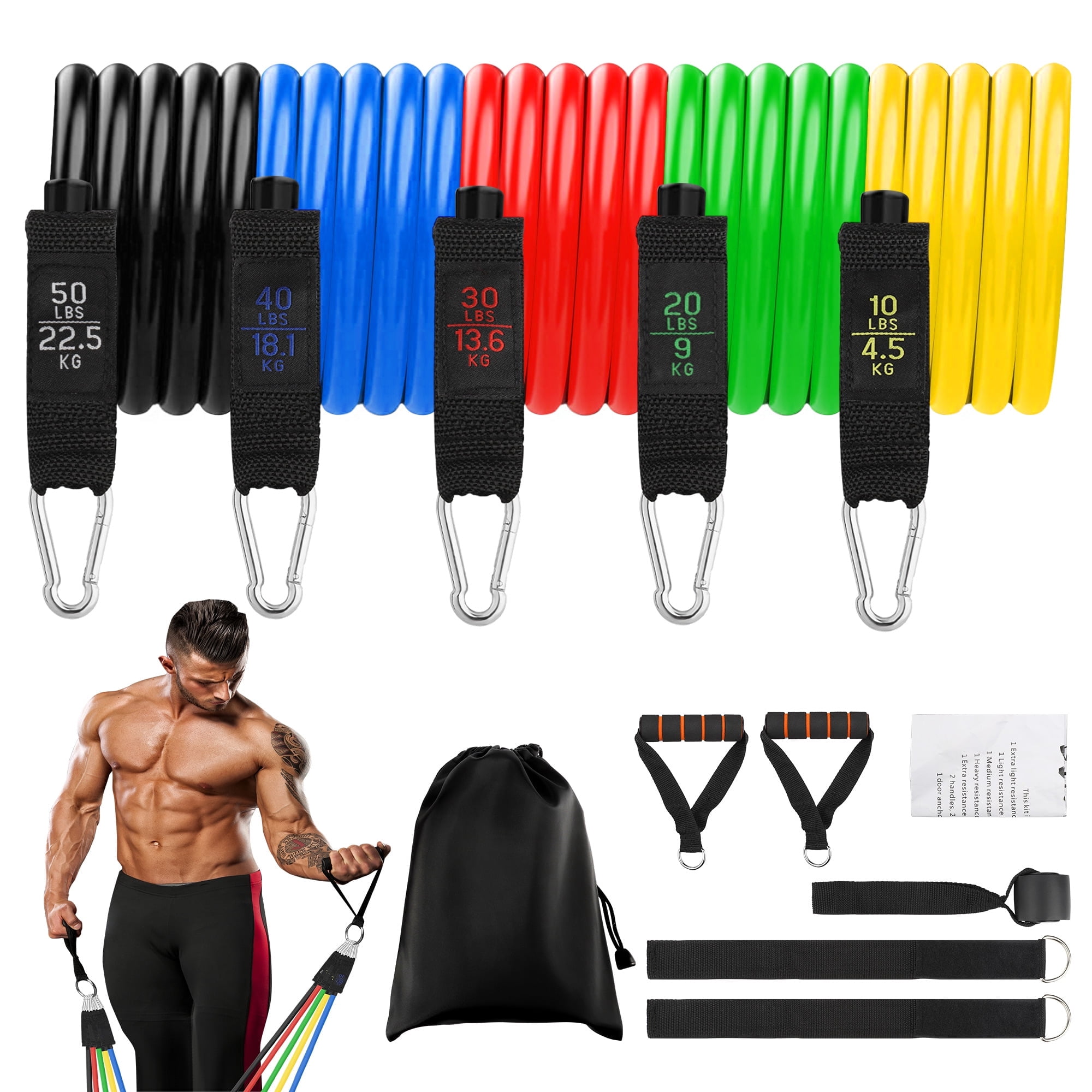11pcs Resistance Bands, Exercise Bands, Workout Bands with Training Tubes, Handles, Ankle Straps, 5 Resistance Levels Fitness Bands for Physical Therapy, Yoga, Pilates