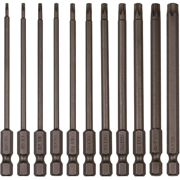 11Pcs Security Torx Bit Set Tamper Proof Torx Bits Magnetic Star Screwdriver Bits Set S2 Steel 1/4 Hex Shank Torque Security Bits T6-T40, 4 Inch Length for Deeper Work