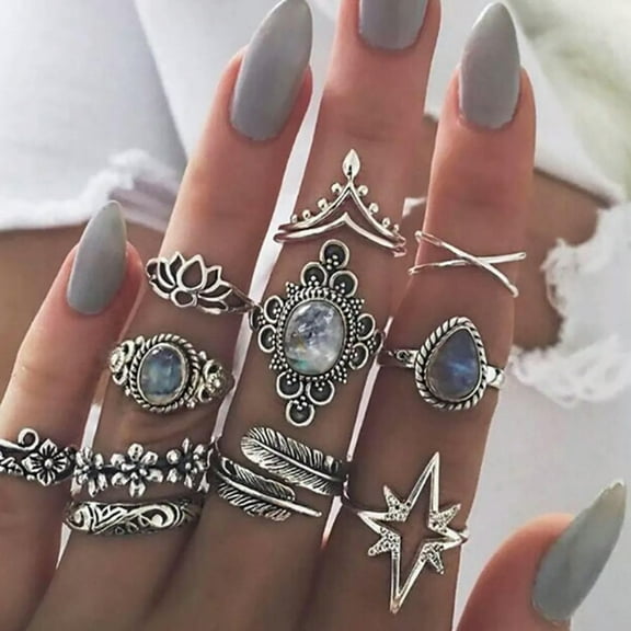 11Pcs/Set Boho Women Blue Crystal Flower Rings Set Leaf Lotus Knuckle Midi Rings