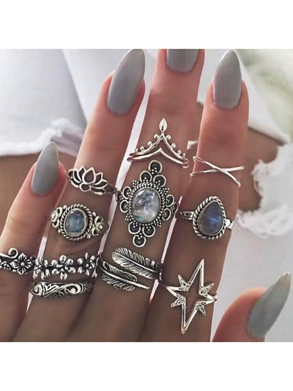 11Pcs/Set Boho Women Blue Crystal Flower Rings Set Leaf Lotus Knuckle Midi Rings