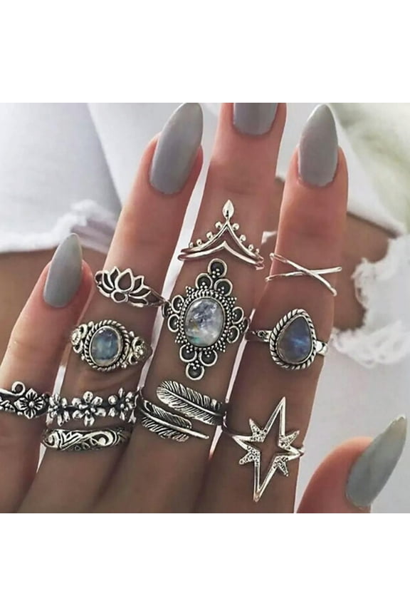 11Pcs/Set Boho Women Blue Crystal Flower Rings Set Leaf Lotus Knuckle Midi Rings