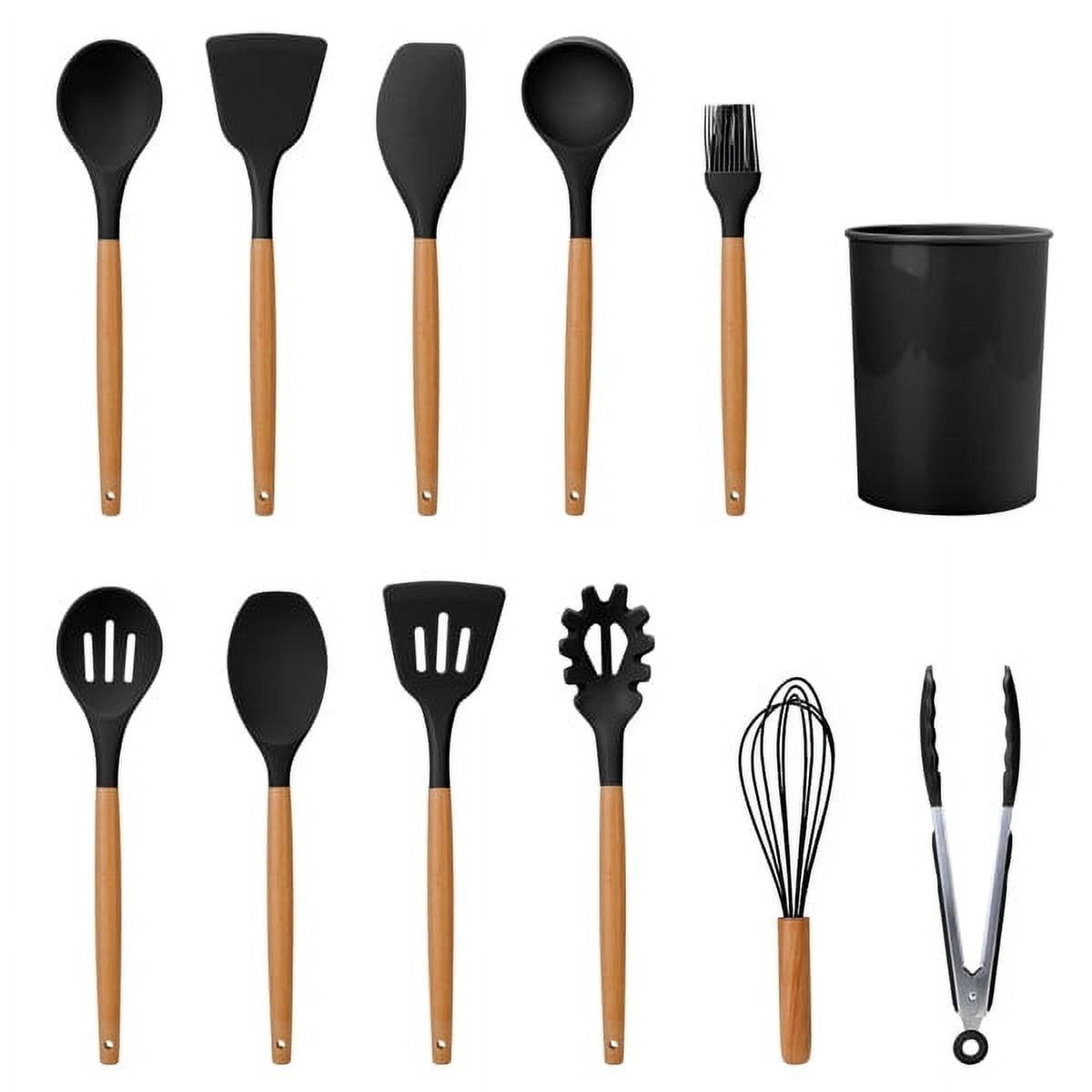 11Pcs Silicone Cooking Utensil Set Heat Resist Wooden Handle Silicone Spatula Ladle Spaghetti Server Tongs Spoon Egg whisk Kitchenware Set w/ Holder Black