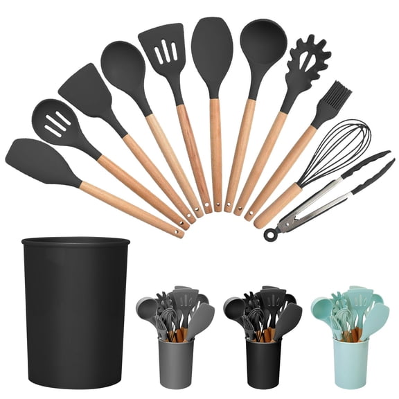 11Pcs Silicone Cooking Utensil Set Heat Resist Wooden Handle Silicone Spatula Turner Ladle Spaghetti Server Tongs Spoon Egg Whish Kitchenware Set w/ Holder