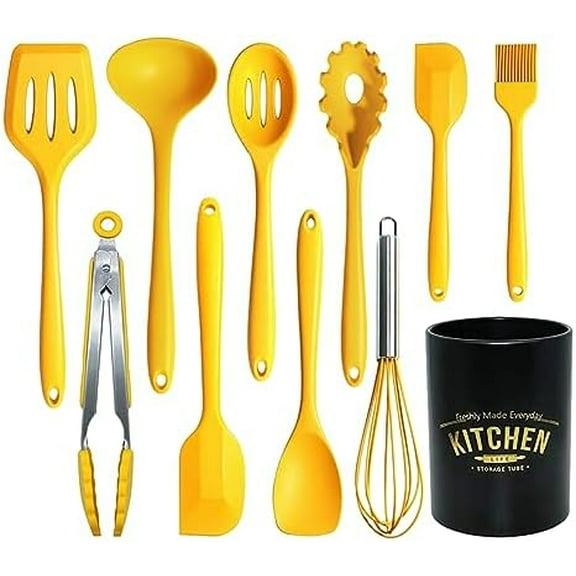 11Pcs Silicone Cooking Utensils Set - Heat Resistant Kitchen Tools, Spatula, Turner, Tongs, Spoon, Whisk, BPA Free, Dishwasher Safe, Nonstick Cookware Utensils (Yellow)