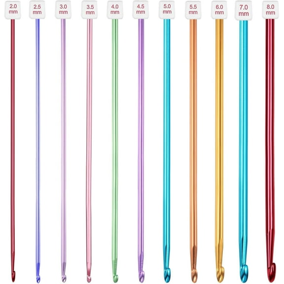 11Pcs Tunisian Crochet Hooks Set from 2mm(B) to 8mm(L)27cm/10.6inch Long Crochet Needles Set Aluminum Afghan Knitting Hooks for Beginners