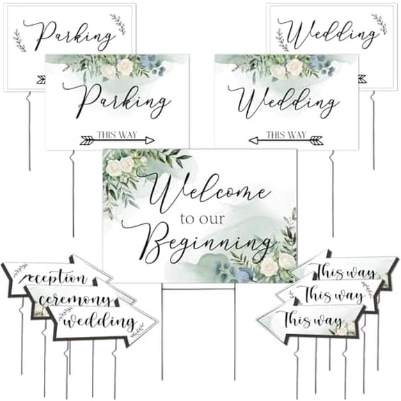 11Pcs Wedding Direction Arrow Signs, Welcome to Our Beginning Sign with H-Stakes 1725 In, Double Sided Printed This Way Directional Ceremony Reception Parking Signs for Lawn/Yard Decorations