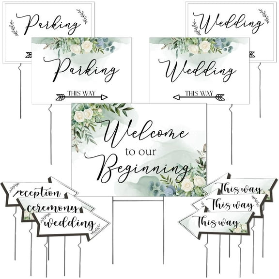 11Pcs Wedding Direction Arrow Signs, Welcome to Our Beginning Sign with H-Stakes 1725 In, Double Sided Printed This Way Directional Ceremony Reception Parking Signs for Lawn/Yard Decorations