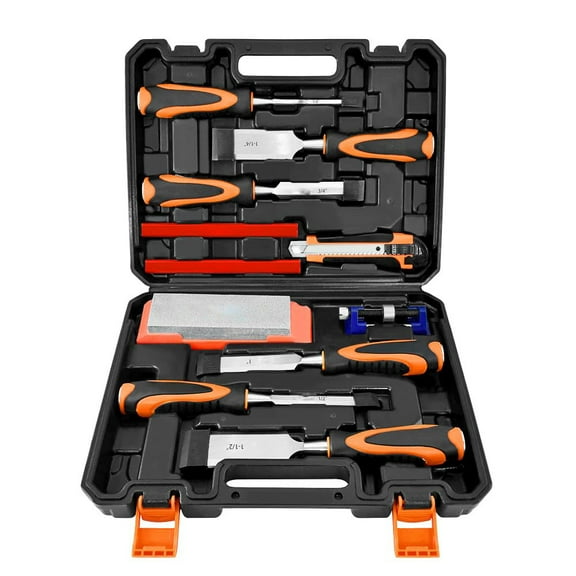 11Pcs Wood Carving Chisel Set, Heated Treated Cr - V Woodworking Chisels Tool Kit with Sharpening Stone, Honing Guide, Carpenter Pencils