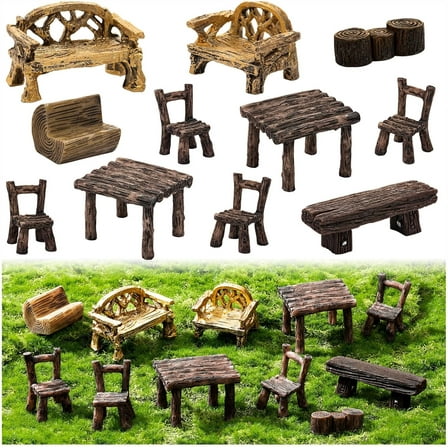 11Pieces Fairy Garden Furniture Ornaments Miniature Table and Chairs Set Village Micro Resin Bench Chair Kit for Dollhouse Accessories Home Micro Landscape Decoration