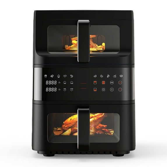 11QT Dual Basket Air Fryer, 10-in-1 Air Fryer Oven with 3D Hot Air Circulation, LED Touchscreen, Nonstick Dishwasher-Safe Baskets, Visible Window, Stainless Steel, Black