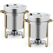 11QT Gold Round Soup Chafer Set of 2, Commercial Stainless Steel Food Warmer with Notched Lid & Fuel Holder for Buffets Catering Parties