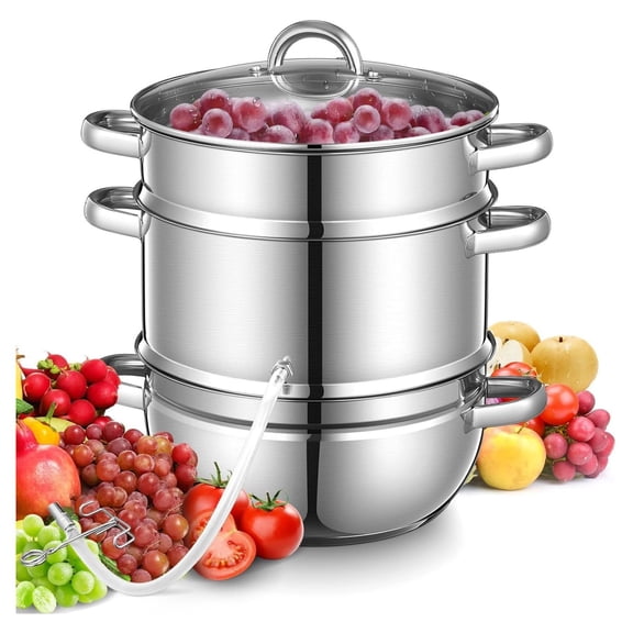 11Qt Steam Juicer Extractor for Canning, Juice Steamer Stainless Steel for Fruit & Vegetables with Glass Lid, Hose, Clamp, Loop Handles, Multipots Cookware for Making Juice, Jelly, Sauces