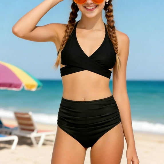 11T 12T Bikinis For Teens Girls Two Piece Swimsuits Two-Piece V-Neck Bikini Adjustable Shoulder Straps Swimsuit Kids Bikini
