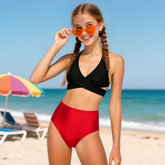 11T 12T Girl Swimsuit Teen Girl Bathing Suits Beach Sport Wrap Around Bikini 2-Piece Swimsuit