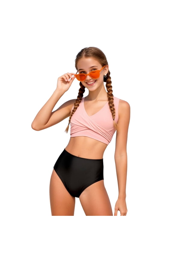 11T 12T Girls Swimsuits Size 10-12 Swimsuits For Teens Bikini Set Solid Color V-Neck Two Piece Bathing Suit