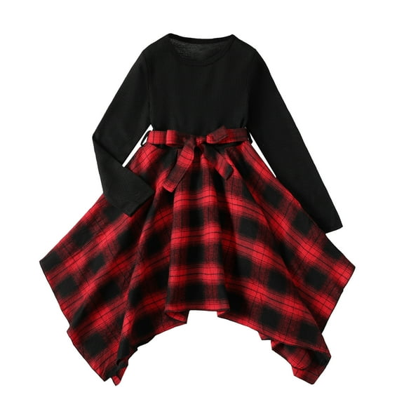 11T Kids Girls Clothes Big Girls Dress 11-12 Years Big Girls Long Sleeve Round Neckline Plaid Dress Black