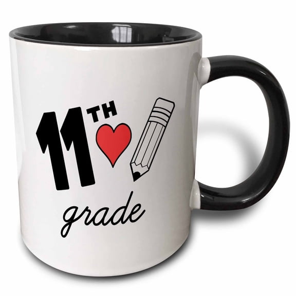 3drose, 11th Grade with Clipart Red Heart and Pencil. Black Lettering on White, 11oz Two-tone Black Mug