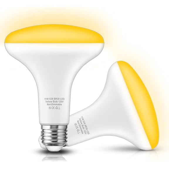 11W LED Yellow Bug Light Bulbs Outdoor, 100W Equivalent BR30 Flood Lights | 2 Pack LED Amber Flood Lighting for Porch Backyard Lights, Not-Attracting, E26 Base 5/6 inch Recessed Can Lamps