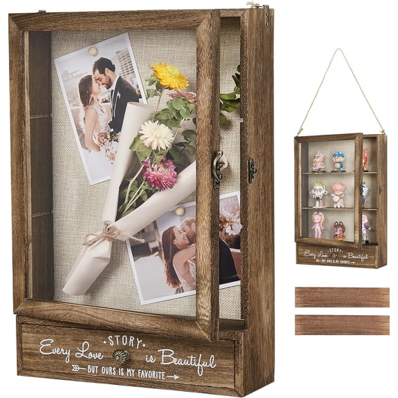 11X16 Large Shadow Box Picture Frames Deep Shadow Boxes Display Cases with Removable Shelves and Drawers, Brown Wooden Memory Boxes for Keepsakes with Slot Christmas Decorations Gifts