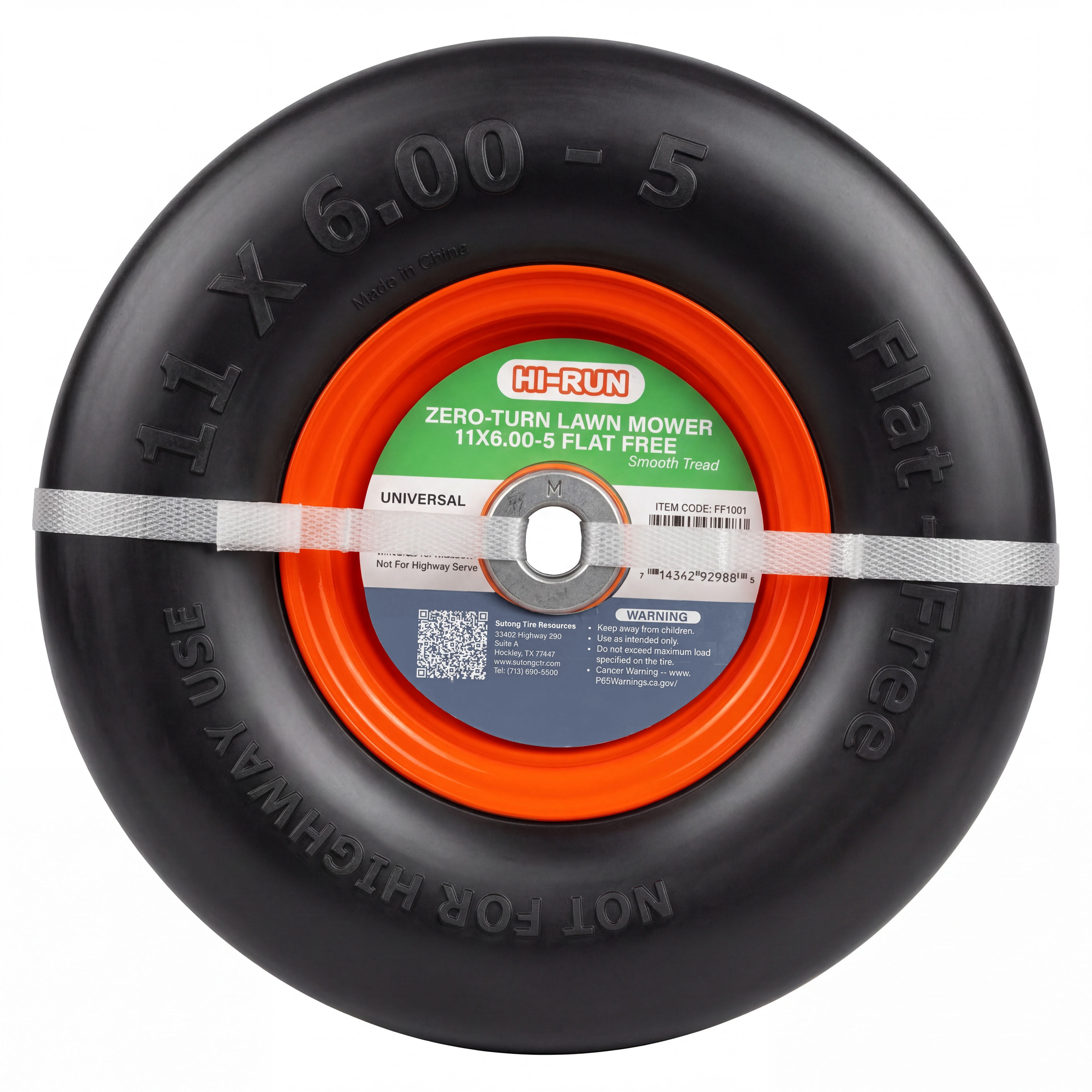 Hi-Run Smooth 11X6.00-5 Flat Free Lawn Mower Tire & Wheel Assembly 3/4" Bushing