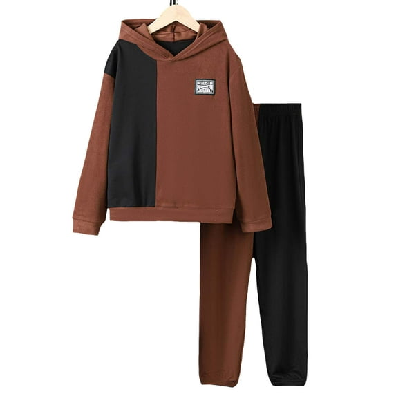 11Y Big Boys Clothes Big Boys Outfits 11-12 Years Big Boys Long Sleeve Hooded Patchwork Top Pants 2PCS Boys Clothing Set Black