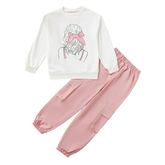 11Y Big Girls Clothes 11 Years Girls Pant Sets Big Girls Long Sleeve Round Neckline Top Pants 2PCS Set Pink