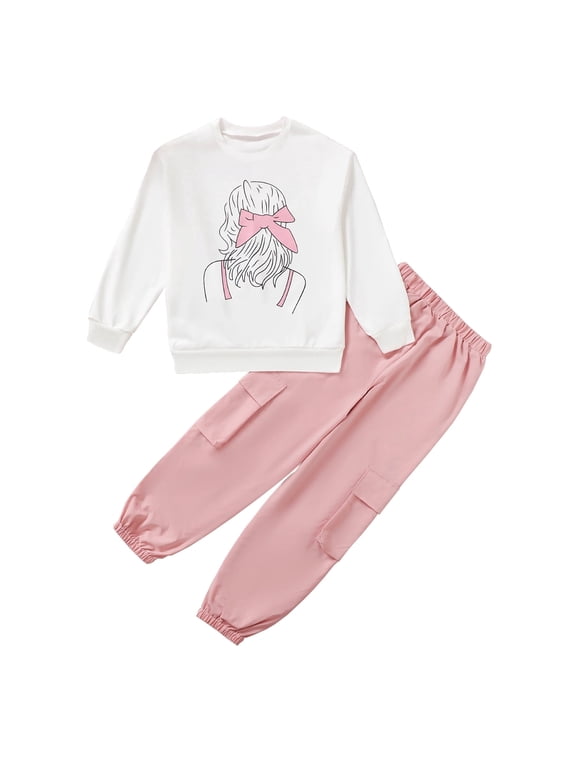 11Y Big Girls Clothes 11 Years Girls Pant Sets Big Girls Long Sleeve Round Neckline Top Pants 2PCS Set Pink