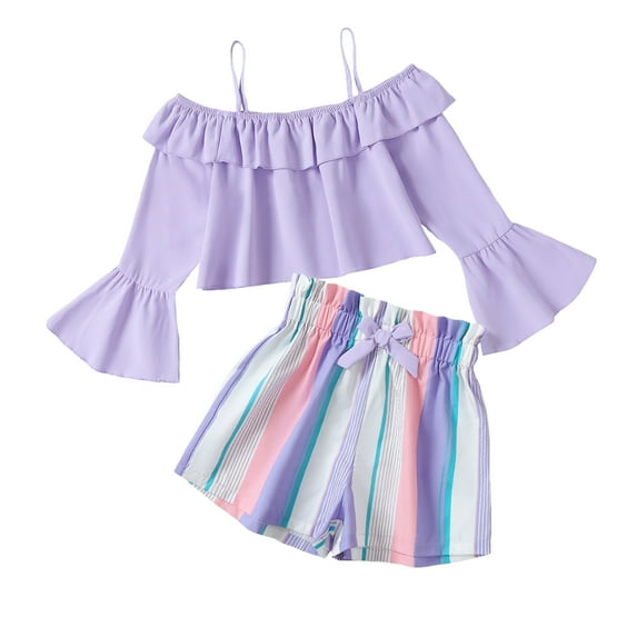 11Y Big Girls Clothes Big Girls Outfits 11-12 Years Girls Long Sleeve Off-the-shoulder Suspender Top Stripe Shorts 2PCS Clothing Set Purple