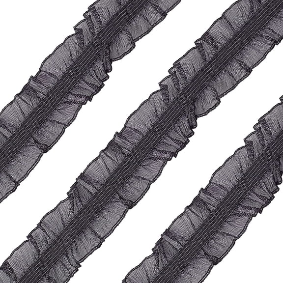 11Yard/10m Black Fabric Lace Trim Stretch Elastic Double Ruffle Lace Ribbon 1 inches/28mm Wide