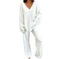 thumbnail image 1 of Women Outfits Solid Color Long Sleeve Tops And Straight Leg Trousers 2023 Fall 2PCS Outfit Crewneck Pullover Tracksuit Sweatsuits Holiday Sets For Woman, 1 of 5