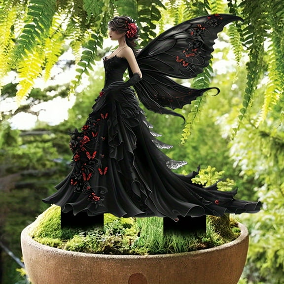 11in Acrylic Garden Stake Decor - Butterfly & Fairy Decorative Ornament for Outdoor Flower Beds, Yard Art, Christmas Landscaping black