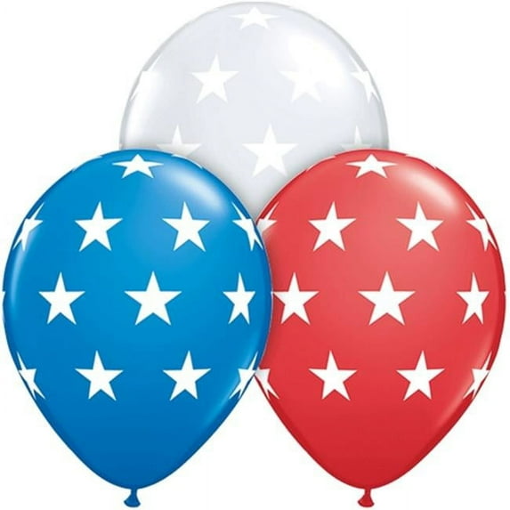 11in Big Stars Around Patriotic 11 in Latex Balloons, Red White Blue, 50 CT