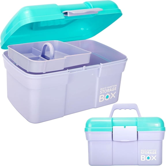 11in Mutipurpose Storage Box Organizer with Removable Tray, Portable Small Craft Organizer with Handle, Plastic Clear Tool Box Art Case for Makeup, Sewing, , Hair Accessories ( Blue)