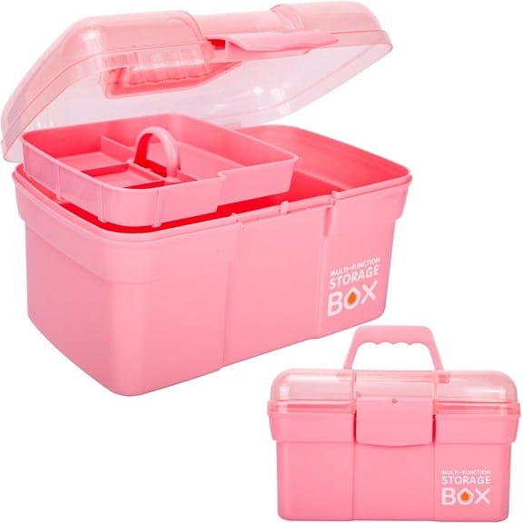 11in Mutipurpose Storage Box Organizer with Removable Tray, Portable Small Craft Organizer with Handle, Plastic Clear Tool Box Art Case for Makeup, Sewing, , Hair Accessories ()