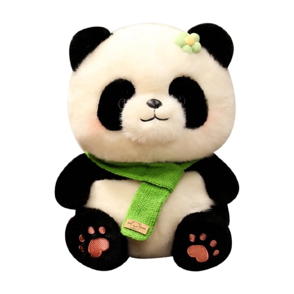 11in Panda Plush Toy, Adorable Soft Bear Stuffed Figure with Green Scarf for Home Decor Display and Collectible Room Accent