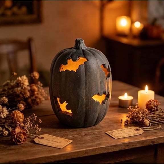 11in Tall Light Up Bat Hollow Pumpkin Silhouette Warm LED Resin Lantern Farmhouse Fall Covered Patio Table Decor