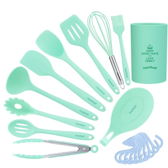 11in1 Silicone Cooking Kitchen Utensils Set, Cooking Tool BPA Free Non Toxic Silicone Turner Tongs Spatula Spoon Kitchen Gadgets Utensil Kit for Nonstick Cookware (Green)