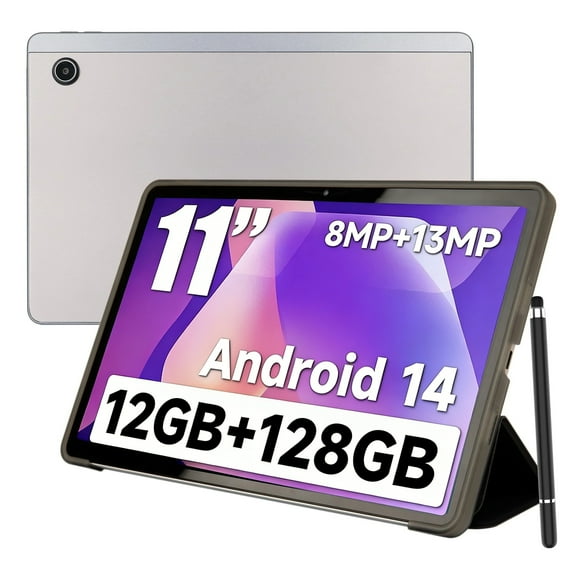 11inch 2K Tablet Android 14 with Octa-Core Processor,12GB RAM 128GB ROM(1TB TF Extensions),2000x1200 FHD IPS Display,8MP+13MP, Split-Screen, 6800mAh,Wi-Fi 6,Silver with Case & Pen