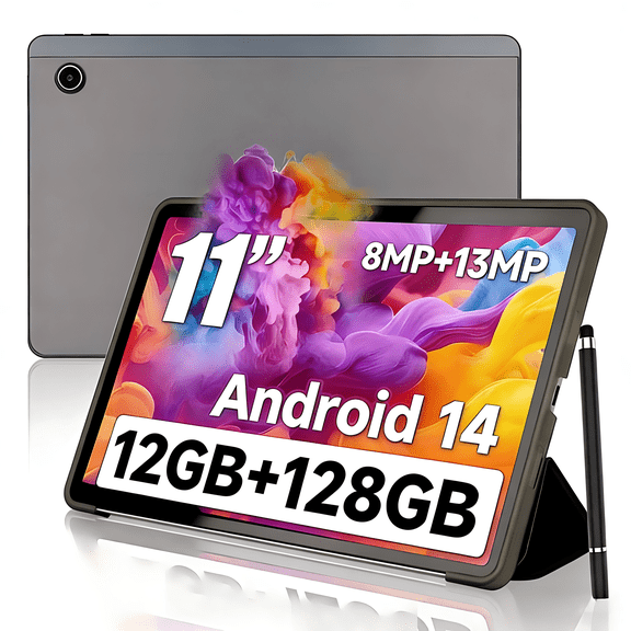 AEEZO 11" Tablet, Android 14, Octa-Core, 12GB RAM, 128GB Storage, 2000x1200 FHD IPS, Wi-Fi 6, Gray"