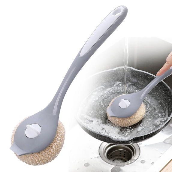 11inch Long Handle Dish Washing Brush, Replaceable Mesh Scourer Head Pot Cleaner, Non Scratch Kitchen Pan Scrub Brush, Hanging Design Household Cleaning Tool, Sink Cookware Scrubber for Pan Bowl