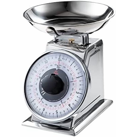 11lb Analog Mechanical Kitchen Weighing Food Scale with Bowl, Tare Function, Retro Style, Stainless Steel