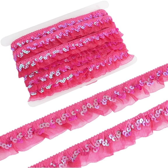 11m 3cm Elastic Organza Fabric Ribbon Sequin Chiffon Lace Edge Trim Hot Pink Gathered Ruffle Pleated Mesh Stretch Fringe Trimming for Sewing Gift Package Wrapping Cloth Craft