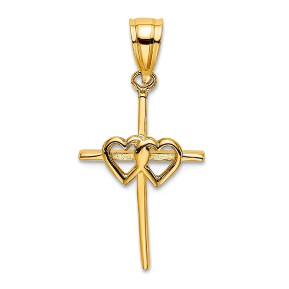 11mm 14k Gold Double Love Hearts Stick Religious Faith Cross High Polish Pendant Necklace for Women