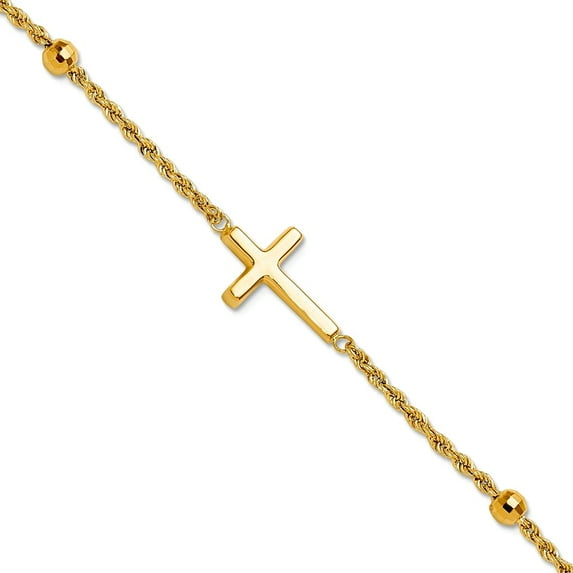 11mm 14k Solid Yellow Gold Sparkle-Cut Beaded Religious Faith Cross Bracelet 7.5 Inch Link Bracelet for Women