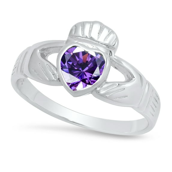 11mm .925 Sterling Silver Amethyst Purple (February) CZ Heart Claddagh Ring, Size 9.5 + Jewelry Cloth & Pouch