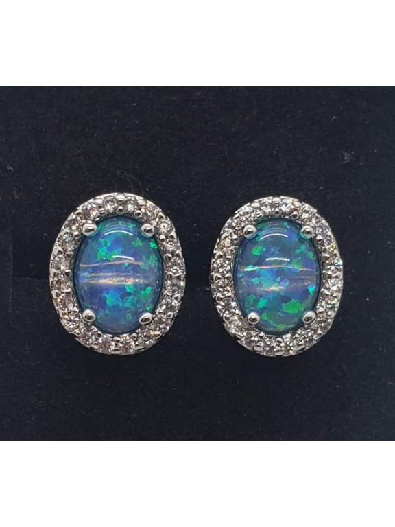 11mm Oval Blue Opal & Topaz Sterling Silver Earrings