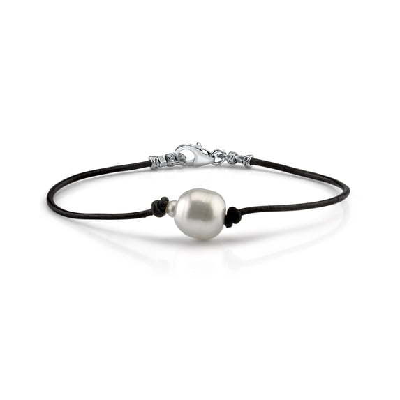 11mm White South Sea Baroque Cultured Pearl Leather Bracelet - AAAA Quality