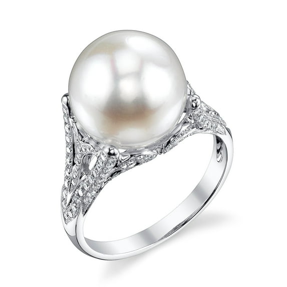 11mm White South Sea Cultured Pearl & Diamond Gabriella Ring in 18K Gold - AAA Quality